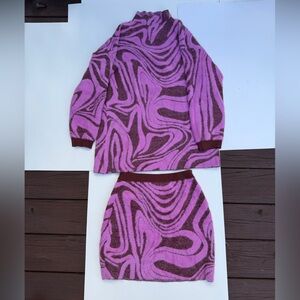 Anthropologie Sweater Skirt Set Fuzzy Mod Print Rib Trim Waist Pink Wine Small